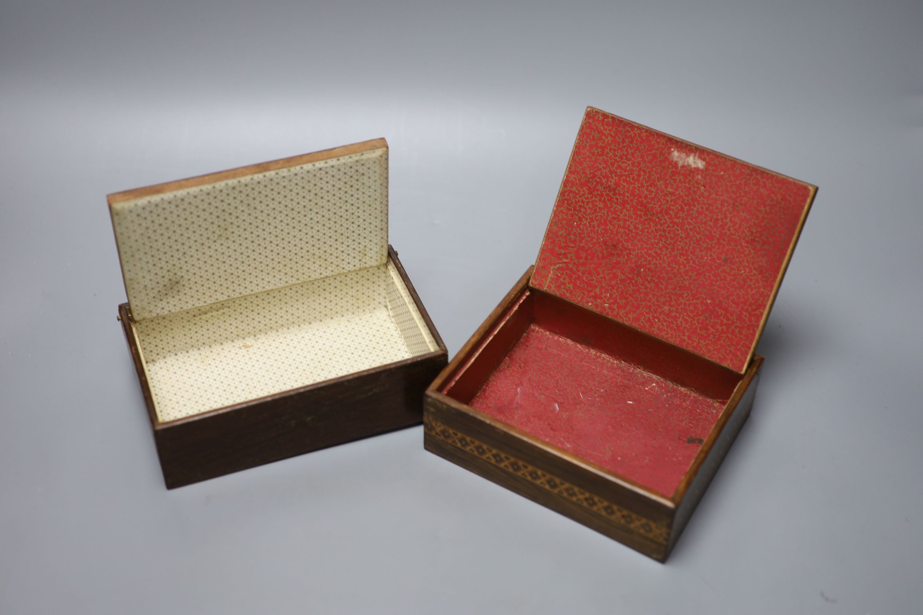 Two Tunbridge ware floral tesserae mosaic pin hinged boxes, late 19th century, 15.3 and 17cm